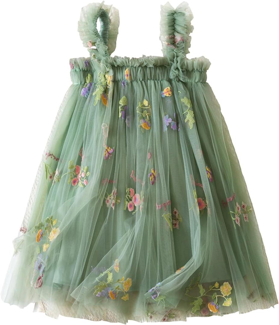 Nileafes Baby Girl Casual Tutu Dress Strap Tulle Flower Butterflies Embroidery Princess Dresses (6-12 Months, Green)