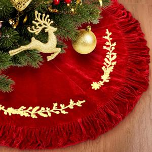 Sotiff 60 Inch Large Red Christmas Tree Skirt Velvet Fur Xmas Tree Skirt with Gold Embroidered and Quilted Cuff for Merry Christmas Party Rustic Vintage Winter Holiday Decorations