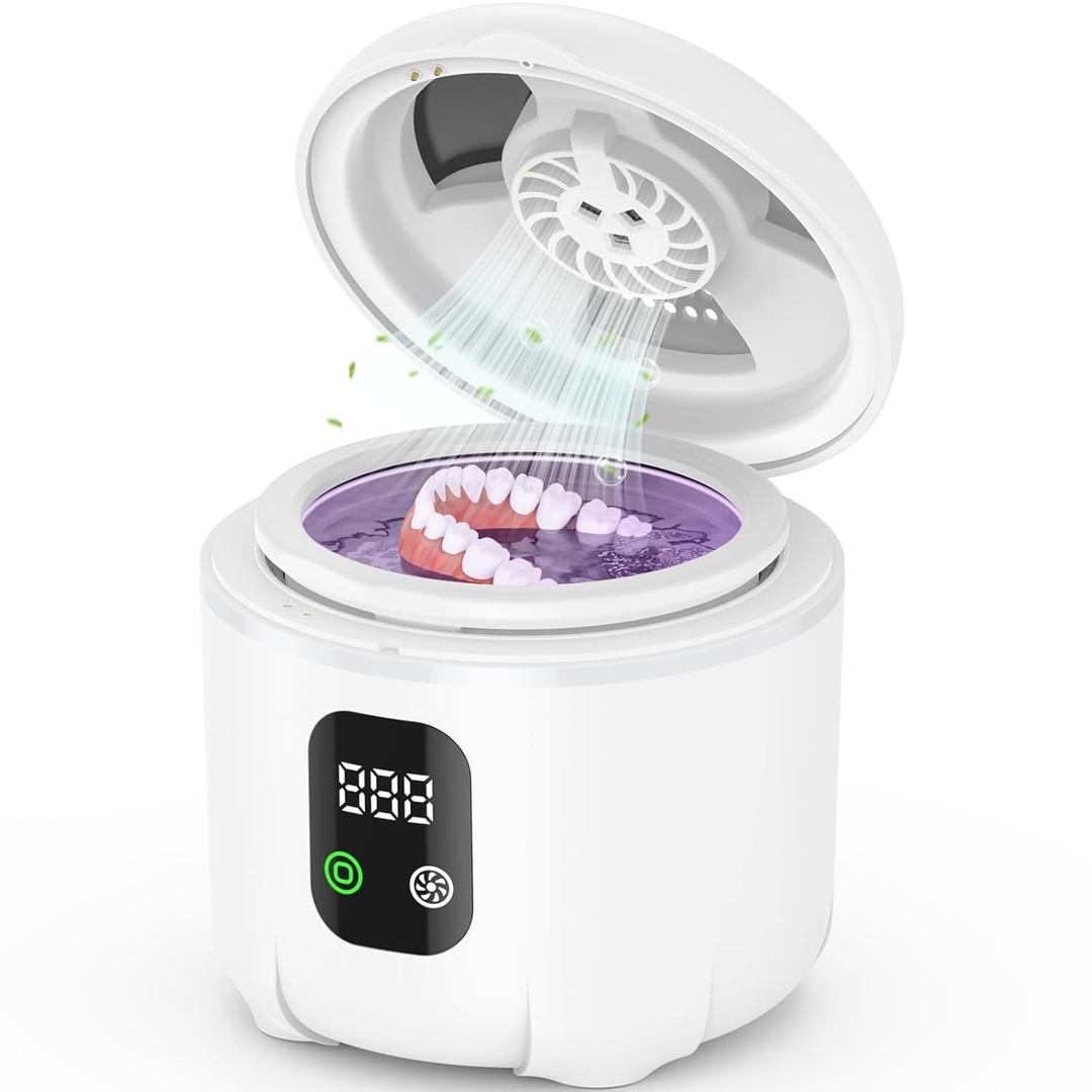 Newelkin 2025 Ultrasonic Retainer Cleaner- 45KHz 25W Portable Denture Cleaner with Drying Function and Removable Inner for Dentures, Mouth Guards, Aligners, Jewelry and More, White