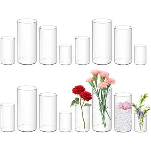 12 Pack Plastic Cylinder Vases, 4 6 8 10 Inch Tall Acrylic Cylinder Clear Flower Vase Set Bulk Glass Like Large Round Plastic Vases for Centerpiece Wedding Home Office (12)