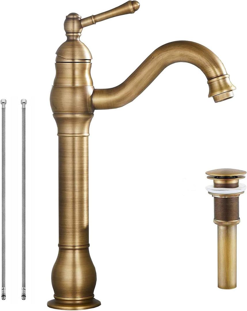 Bathroom Vessel Faucet Antique Brass 360 Swivel Bowl Sink Faucet Single Hole 1 Handle Matching Pop Up Drain Stopper Without Overflow Tall Lavatory Vanity Basin Mixer Tap Deck Mount