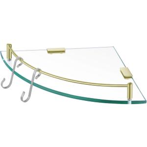 KES Glass Corner Shelf Bathroom Shelf Tempered Glass with Rail SUS 304 Stainless Steel Floating Wall Mount Bracket Brushed Gold, BGS2101A-BZ