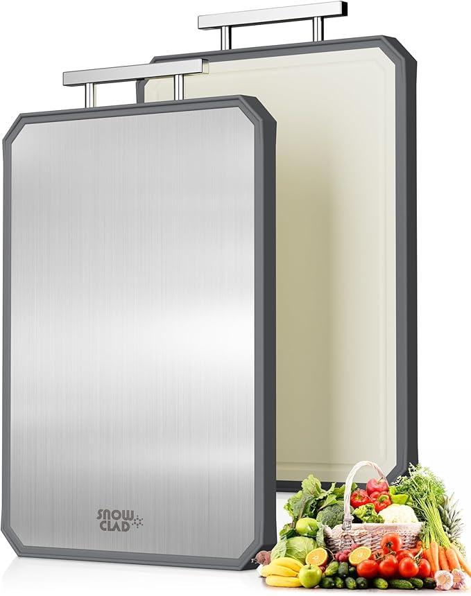 SNOWCLAD Stainless Steel Cutting Board, Double Sided Steel Bread Boards for kitchen, Stainless Steel/Wheat straw pp Large Board for meat, non toxic Chopping,16 * 11 Inch, Dishwasher Safe