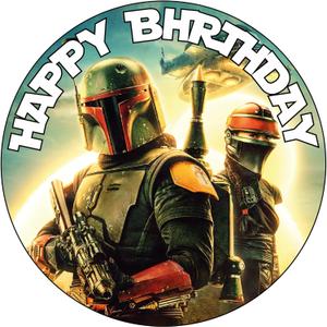 7.5 Inch BOBA FETT Cake Topper Round Edible Birthday Cake Decorations, Happy Birthday Cake