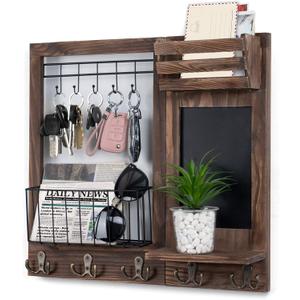 Key Holder for Wall, Mail Organizer Wall Mount with 5 Hooks and Shelf, Home Decorative with 5 Double Hooks and Chalkboard for Home Coat/Letter/Dog Leash/Entryway/Hallway/Living Room Decor (Burnt Paulownia)