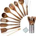 Premium Teak Wood Kitchen Utensil Set - 11-Piece Heat-Resistant Cooking Tools with Storage Holder, Non-Stick Wooden Spoons, Ladle, Turner, and More