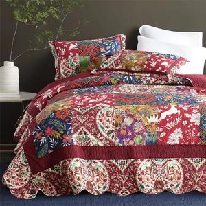 Cotton Bedspread Quilt Bedding Sets 3 Pieces Reversible Coverlet Sets Comforters Gorgeous Paisley Floral Patchwork Red Bedspread, King Size