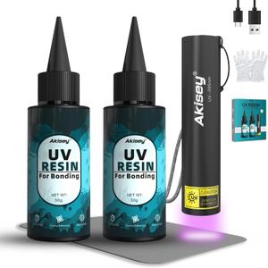 Akisey UV Resin Kit with Light, 100g UV Resin with Rechargeable 395NM UV Flashlight, Fast Curing in Seconds, UV Glue Adhesive for Bonding Jewelry, Plastic, Glass Repair, w/Mat, Gloves, Storage Bag