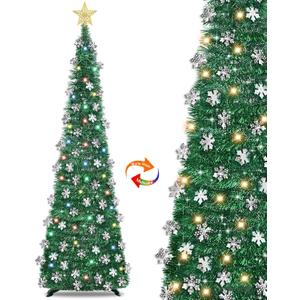 [100 Light] 6 Ft Collapsible Christmas Tree, Pop Up Christmas with Lights Warm White & Multicolor 8 Modes Timer Battery Operated Snowflake Tinsel Tree Xmas Decorations for Home Corner Indoor Outdoor (Green)