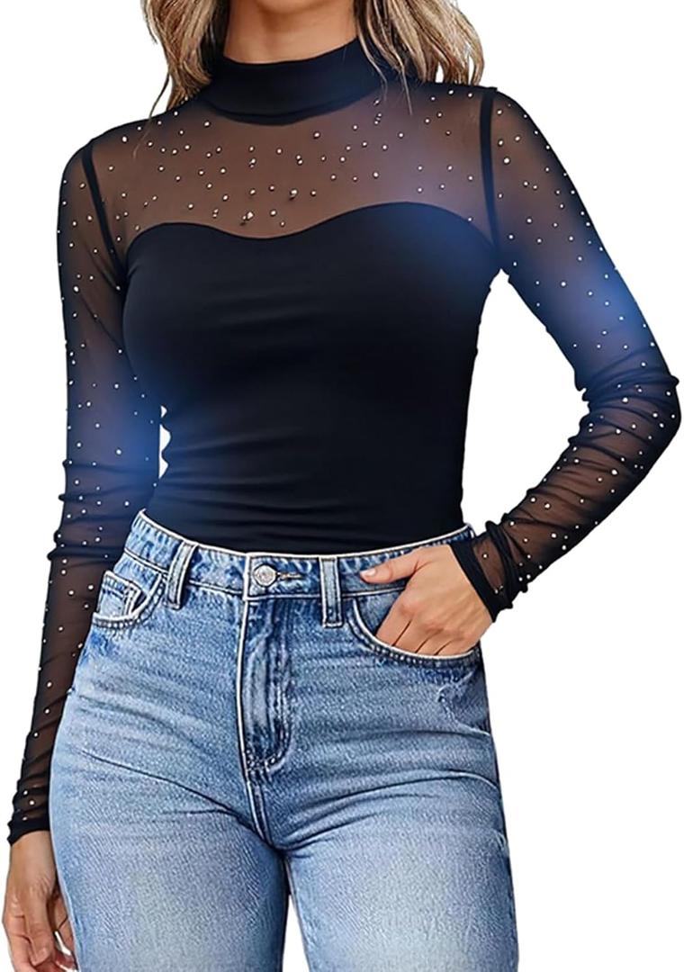 Women's Mock Neck Sparkly Mesh Sheer Long Sleeve Crop Blouse Shirt Blouse Top (Black, S)
