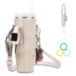 yosolamo PU Leather Water Bottle Carrier Bag for Stanley 40 oz Tumbler with Handle, Water Bottle Holder Pouch with Adjustable Strap & Straw Cover & colored hooks for Stanley Cup Accessories