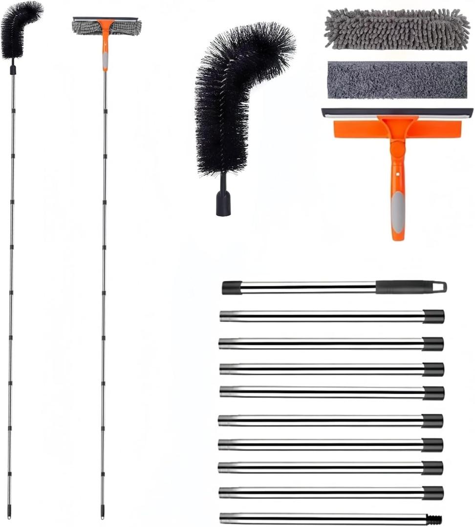 13 FT Gutter Cleaning Tools with 10-Section Extension Pole, Gutter Cleaning Brush, Silicone Squeegee & Window Washer for Gutters, High Windows, Glass & Cars