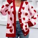 Saodimallsu Womens Oversized Heart Cardigan Color Block V Neck Button Long Sleeve Chunky Valentines Sweaters (Pink)