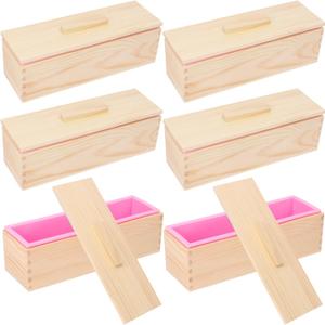 6 Packs 42oz Soap Loaf Wood Box for Soap Making, Pink Premium Silicone Loaf Soap Mollds with Wooden Box and Lid, Ideal for Large Size Homemade Soaps, Flexible and Heat Resistant