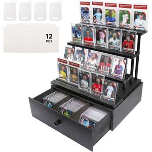 Wooden 4-Tier Trading Card Display Case, Sports Card Display stand with Custom Drawer, Card Supporters & Dividers For Graded Card Display Collection Storage