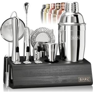 BARE BARREL Mixology Bartender Kit Bar Set | 14-Piece Cocktail Shaker Set | Martini Barware Mixing Tools for Home Bartending | Incl. 35 Recipe Cards | Gift Set (24oz Cobbler Shaker, Silver/Black)