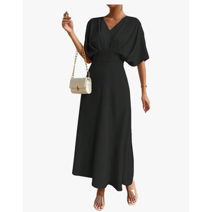 Floerns Women's V Neck Half Sleeve Ruched Cocktail Evening A Line Long Dress, Size L