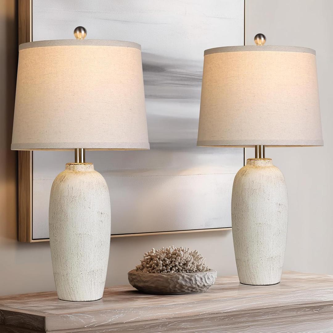 25 Jar Table Lamps Set of 2, Ceramic Bedside Lamps for Bedroom, Beige Farmhouse Nightstand Lamps for Living Room