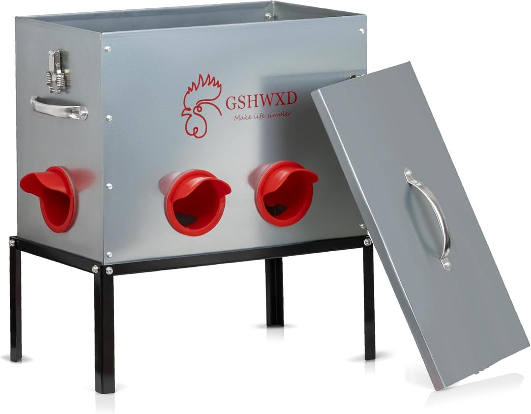 Automatic Chicken Feeder - 40 lb Capacity 6 Port Large Metal Chicken Feeders - No Waste Poultry Feeder with Locking Lid and Legs for Inside Chicken Coops (16.5"L x 9.5"W x 19.2"H)