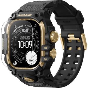 amBand Rugged Case with Band for Apple Watch Ultra 3/2/1 49mm, M3 Military Grade Shockproof Cover, Includes Screen Protector Kit, Tactical Band for Men - Compatible with iWatch Ultra, Black Gold