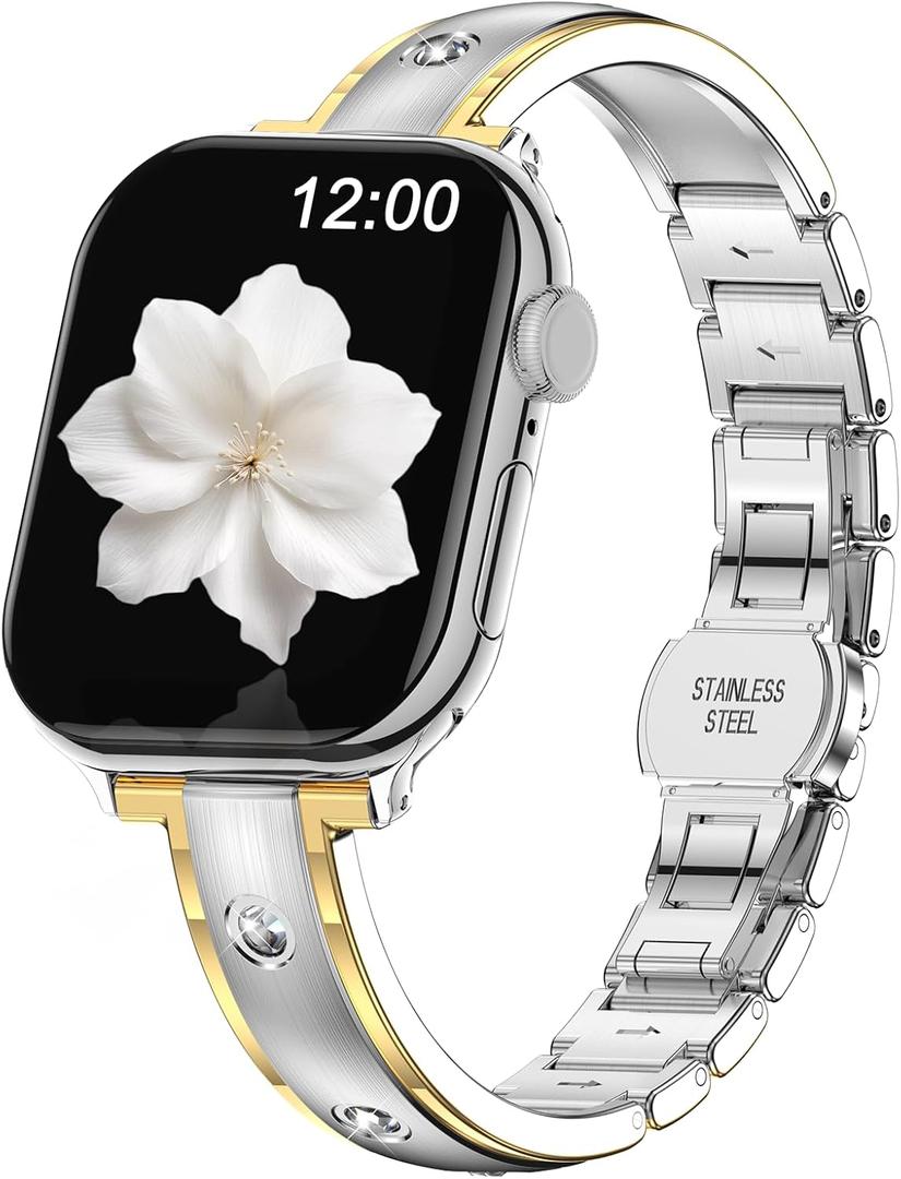 BAITEYOU Narrow Metal Band Compatible with Apple Watch Bands 38mm 40mm 41mm 42mm 44mm 45mm 46mm 49mm (Series 11 10 9 8 7 6 5 4 3 2 1 SE Ultra), Dressy Thin Stainless Steel iWatch Bands for Women (Silver Gold -S)