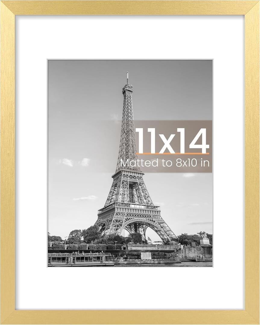 upsimples 11x14 Picture Frame, Display Pictures 8x10 with Mat or 11x14 Without Mat, Wall Hanging Photo Frame, Gold, 1 Pack