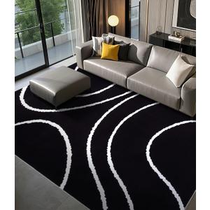 YIHOUSE Black Modern Area Rugs 8x10,Large Black and White Rugs for Living Room,Wave Washable Rug 8x10,Thin Abstract Geometric Rug,Minimalist Striped Rugs for Bedroom,Office
