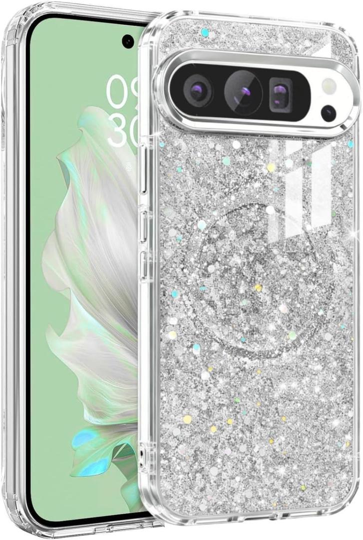 Magnetic Glitter Case for Google Pixel 10/10 Pro/9/9 Pro Women Girly,[Compatible with MagSafe] Luxury Fashion Cute Shiny Bling Sparkly Phone Cover for Pixel 10/10 Pro/9/9 Pro(6.3 inch),Silver