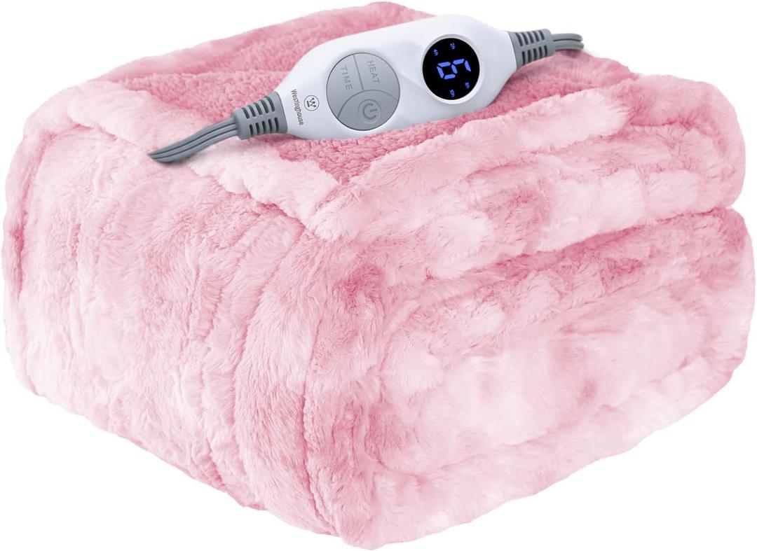 Westinghouse Electric Throw Blanket, Faux Fur Heated Blanket with 6 Heating Levels & 2-10 Hours Auto Off, Soft Cozy Sherpa Heated Blanket Washable Blanket (50" x 60" Throw Size, Pink)