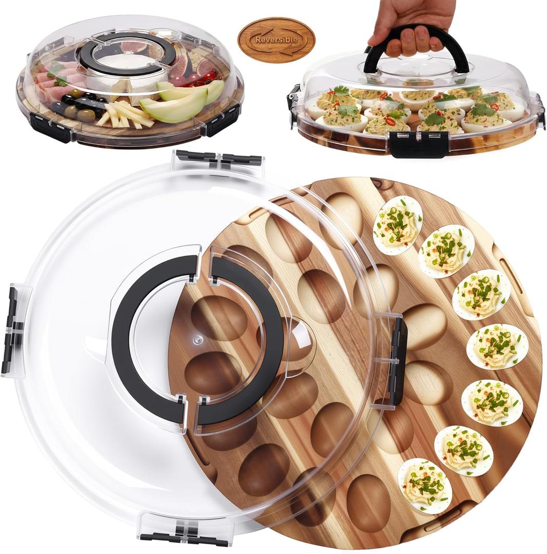 Deviled Egg Platter with Lid - Reversible use Acacia Wood Egg Tray with 24 Slots, Wooden Deviled Egg Holder Container for Party, Kitchen Countertops, Charcuterie Board, Dishwasher Safe Lid
