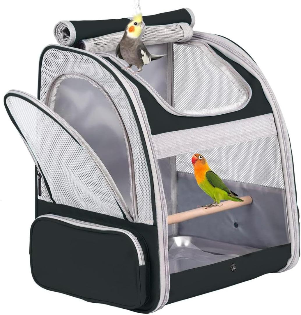 Bird Backpack Carrier with Stand Perch, Bird Travel Backpack for Hiking, Airline Approved Black Bird Backpack