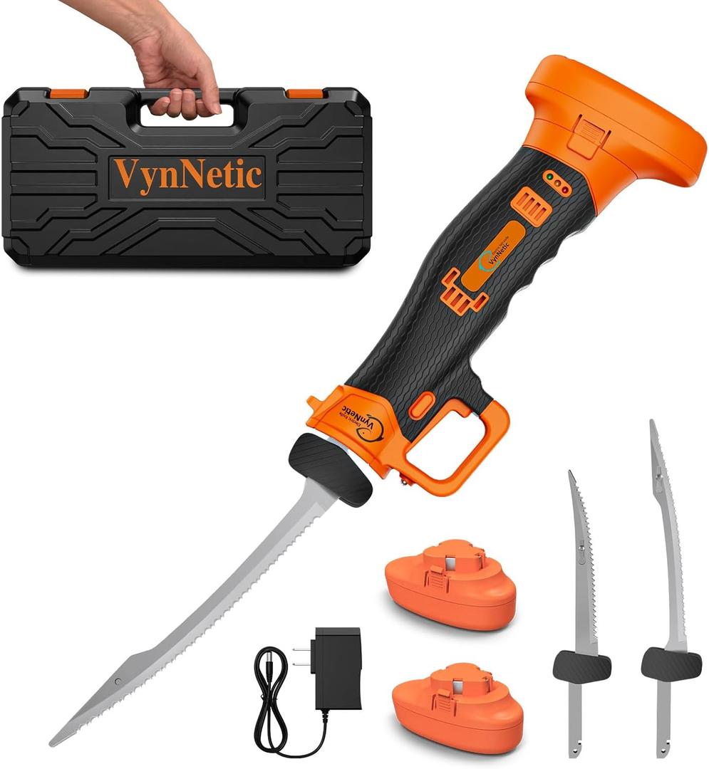 Cordless Electric Fillet Knife with 7'' and 9'' Stainless Steel Non-Stick Blades, Rechargeable Electric Knife for Fish with Non-Slip Grip Handle, 2 Batteries and Portable Case For Outdoor Fishing, 2 Blades +2 Battery