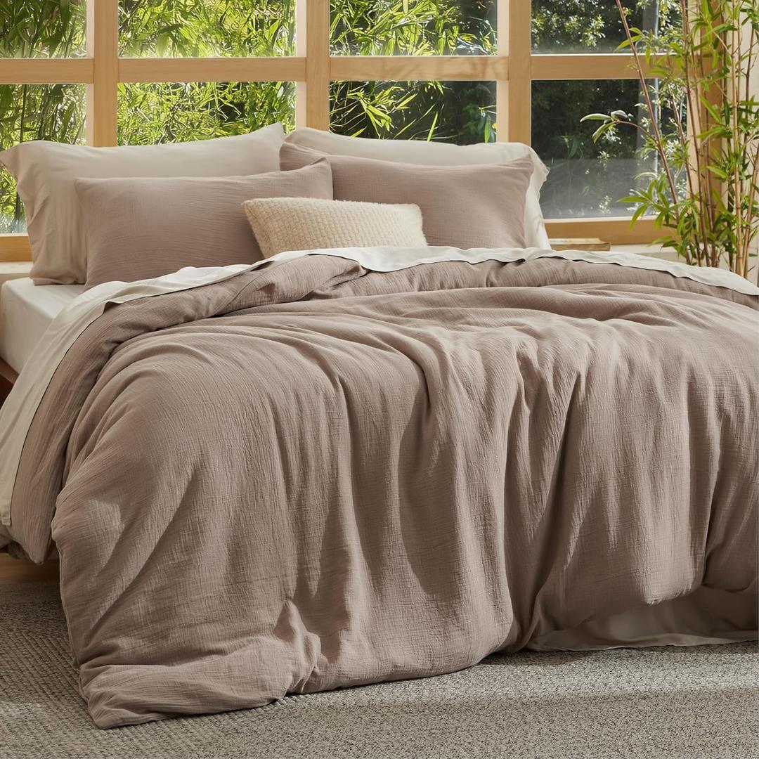 Bedsure Muslin Duvet Cover King Size - Cotton Blend Viscose Derived from Bamboo, Cooling Duvet Cover for Hot Sleepers, PureWoven Ultra-Soft & Breathable Bedding Set for All Seasons (Khaki, 104"x90")