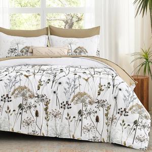 Yiran Khaki Floral Comforter Set Queen Size, 7 Piece Dandelion Botanical Plant Comforter Bedding Set, Bed in a Bag Queen, Soft Microfiber Complete Bedding Set with Sheets for All Season (Queen (90"x90"))