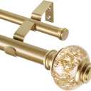 1 Inch Luxury Gold Double Curtain Rods for Windows 66 to 120 Inches(5.5-10ft), USFOOK Adjustable Heavy Duty Drapery Rods, Telescoping Dual Curtain Rod with Translucent Finials, Wall Mounted