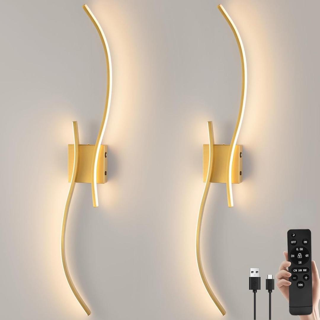 CANEOE Battery Operated Wall Sconce Set of 2, 18000mAh Gold Rechargeable Wall Lights with Remote Control,3000K-6000K Dimmable LED Wireless Wall Light for Living Room Bedroom Hallway,39.3 Inch (Gold)