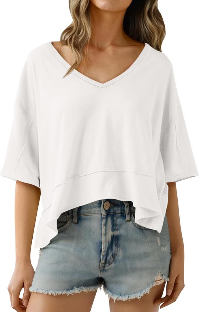 Cicy Bell Womens Oversized Crop T-Shirts Summer V Neck Short Sleeve Tops Casual Loose Fit Curved Hem Boxy Tee Shirt
