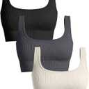 OQQ Women's 3 Piece Medium Support Tank Top Ribbed Seamless Removable Cups Workout Exercise Sport Bra, Large,Color: Black/DarkGrey/Beige