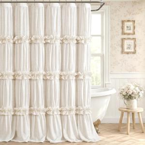 Ruffle Shower Curtain with Bow Vintage Farmhouse Linen Shower Curtain for Bathroom, Cream, 72" W x 78" H