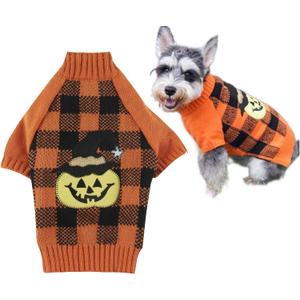 Orange Black Plaid Fashion Pet Halloween Costume Clothes Pumpkin Dog Sweater for Dogs, Large (L) Size