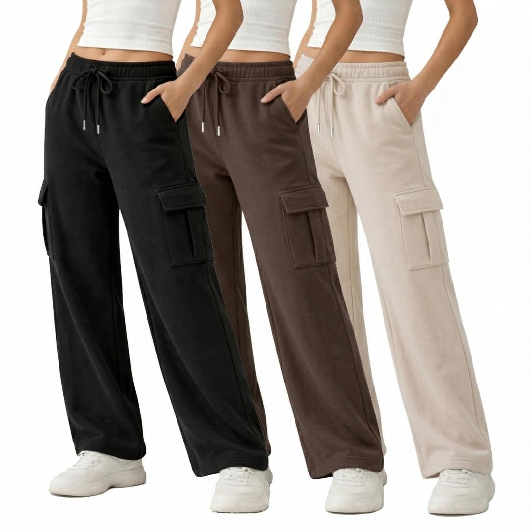 Common Stitch 3 Pack Wide Leg Cargo Fleece Sweatpants for Women — 4 Pockets, Relaxed Fit, Elastic Drawstring Waist