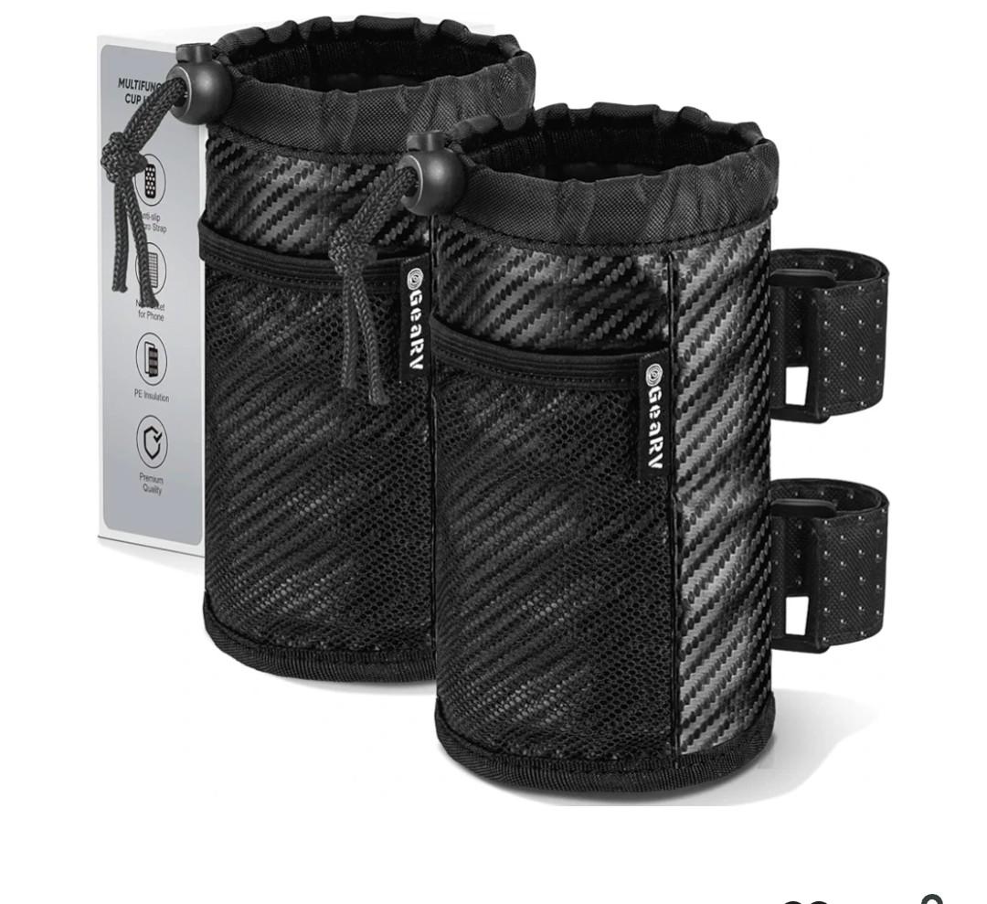 GEARV 2Pack Cup Holder for Bike, Scooter and Wheelchair, Water Bottle Holder for UTV/ATV, Walker, Golf Cart and Beach, Universal Drink Holder Accessories with Net Pocket and Cord Lock (Carbon Fiber)