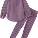DEFAHN Toddler Girl Fall Clothes Set Warm Soft 2-piece Long Sleeve Ribbed Knit Tee & Leggings Winter Drop Shoulder Girl Set (Purple)