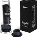 MIAMIO - 2.5 oz Espresso Cup Set with Saucers Coffee Mug Set of 6 - Ceramic Coffee Mug Stackable Espresso Mug with Stand for Coffee Drinks, Latte, Cafe Mocha - Le Papillon Collection (Black)
