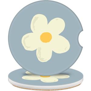 2 Pack Car Coasters for Cup Holders, 2.56" Universal Absorbent Ceramic Stone Car Cup Holder Coasters with Non-Slip Cork Base, Car Interior Accessories for Women Men(Blue White Flower)