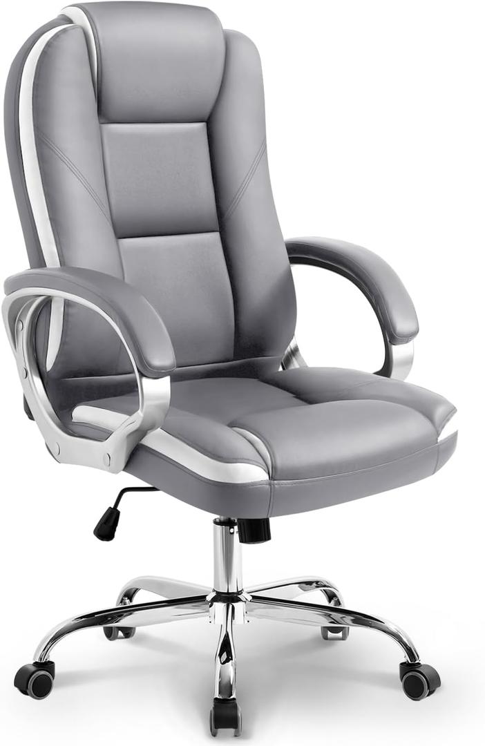 NEO CHAIR Office Desk Ergonomic Gaming Computer Chair High Back Adjustable PU Leather with Lumbar Support, Swivel Rolling Wheels, Executive Managerial Task Chair (Grey)