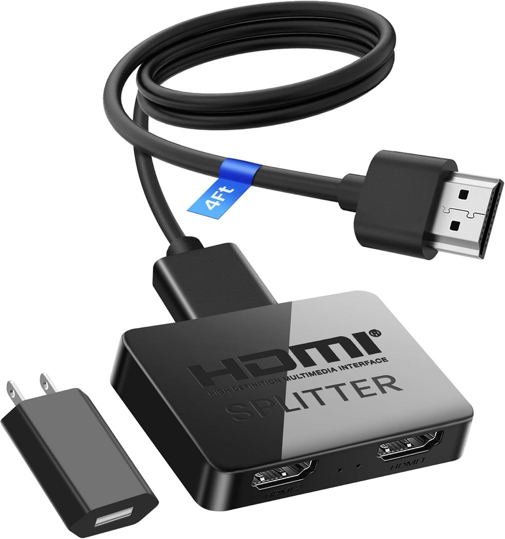 4K HDMI Splitter 1 in 2 Out with Power Adapter and 4Ft Hdmi 2.0 CableMirror 1 Source Screen to 2 Display Devices-Not for Extended Display, 1x2 HDMI Splitter Compatible with PS4, HDTV, Monitor