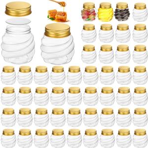 Suclain 50 Pcs 2 oz Mini Honey Jars Party Favors in Bulk Honeycomb Plastic Jars with Gold Lids Wide Mouth Canning Small Containers for Wedding Favors, Baby Shower DIY Gift Jelly Herb Jams Candy