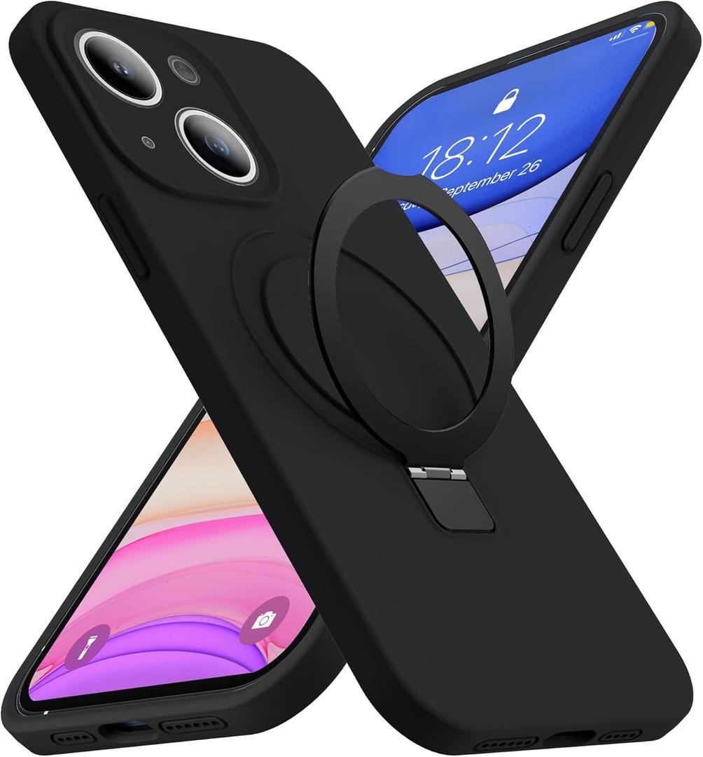 Designed for iPhone 14 Plus Case with Magnetic Invisible Stand Compatible with Mag-Safe Military Drop Tested Shockproof Silicone Phone Cases for Women Men 6.7'', Black 251009