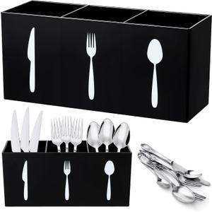 Acrylic Cutlery Storage Organizer Bin Silverware Caddy Countertop Knife Spoon and Fork Holder Kitchen 3 Section Tableware Storage Box for Cabinet Indoor Home Flatware Dining Room (Black, M)